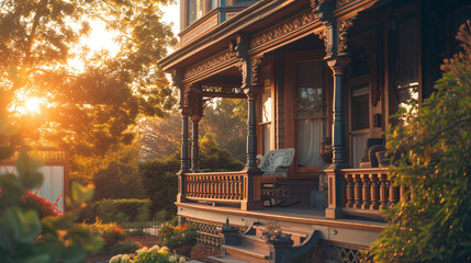 A charming Victorian-era house with intricate wooden trims and a cozy inviting porch. - obrazy, fototapety, plakaty