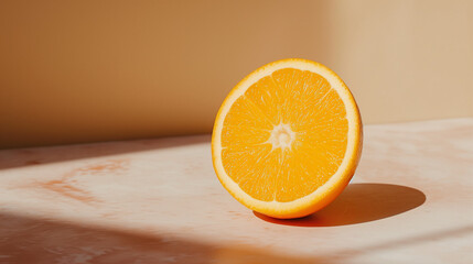 Naklejka premium Slice of orange on the beige background. Minimalistic clean style. Summer fruit. Citrus half. Vitamin C source. 