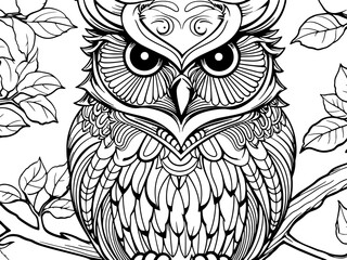 Fototapeta premium Wild bird, night bird sits on a tree branch surrounded by leaves. Vector generative AI, black lines