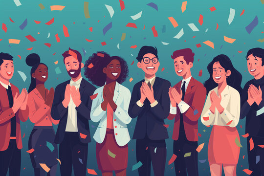 Illustration image capturing the moment of employee recognition with colleagues applauding and celebrating, Focus on the joy and appreciation in their expressions, Business team clapping together