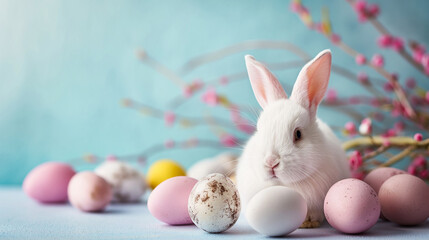 Naklejka na ściany i meble Cute easter bunny and colourful eggs. White rabbit sitting with eggs. Easter decor on blue background.