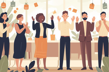 Fototapeta premium Illustration image capturing the moment of employee recognition with colleagues applauding and celebrating, Focus on the joy and appreciation in their expressions, Business team clapping together