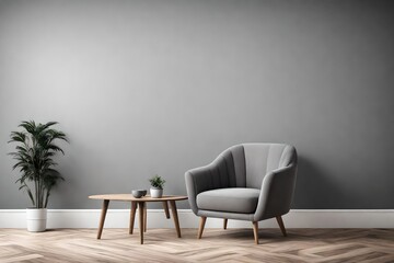 interior of living grey fabric armchair, wooden table on wooden floor and grey wall copy space
