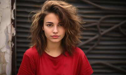 Casual Urban Beauty: Confident Young Woman in Red Textured Tee Against a Weathered Wall