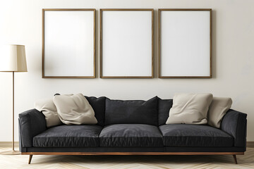 Isolated black sofa in a stylish, contemporary room with comfortable cushions and elegant interior design elements