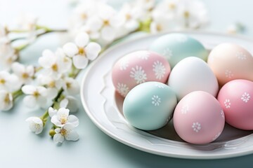 Fototapeta na wymiar easter plate with colored pastel eggs, delicate shading. festive spring tradition.