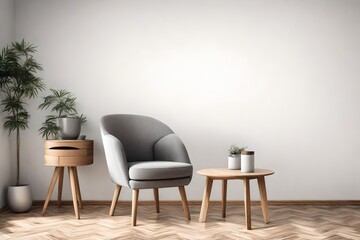 Fototapeta na wymiar interior of living grey fabric armchair, wooden table on wooden floor and white wall