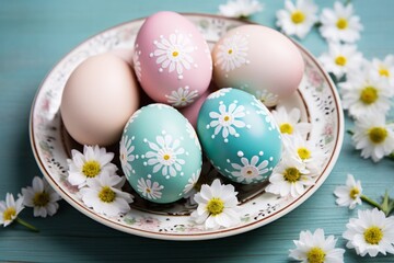 Obraz na płótnie Canvas colorful pastel painted easter eggs on plate next to white daisies, in light pink and dark aquamarine.