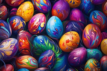 Fototapeta na wymiar Easter background, colorful chicken eggs. vibrant swirling color. top view, close-up. illustration.