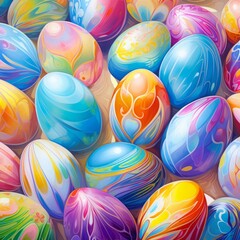Fototapeta na wymiar Easter background, colorful chicken eggs. vibrant pastel color. top view, close-up. illustration.