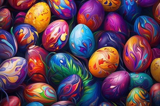 Easter background, colorful chicken eggs. vibrant swirling color. top view, close-up. illustration.