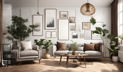 Fototapeta na wymiar an AI description for an image of a sophisticated vintage living room featuring a stylish gray sofa,