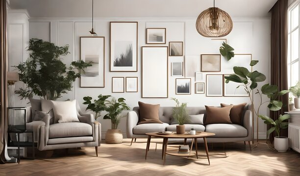 an AI description for an image of a sophisticated vintage living room featuring a stylish gray sofa,