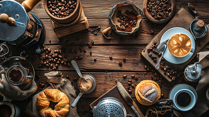 A coffee lovers flat lay with freshly brewed coffee a grinder roasted beans a French press and a pastry set on a rustic table.
