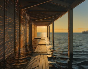 Outdoor color photograph of a floating catwalk underneath a raised pier looking out onto a calm sea, late day sunshine. From the series “Golden Age."
