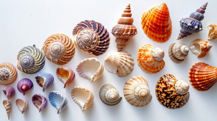 A collection of colorful seashells arranged in a spiral pattern on a bright white background showcasing their diverse shapes and sizes.