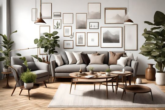an AI description for an image of a sophisticated vintage living room featuring a stylish gray sofa,