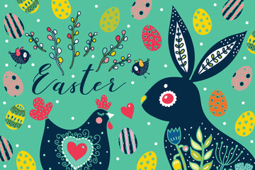 Сute Easter poster with rabbits, chicken, flowers, carrots and birds. Vector illustration.