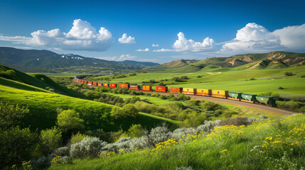 A colorful freight train winding through a lush green valley during springtime.