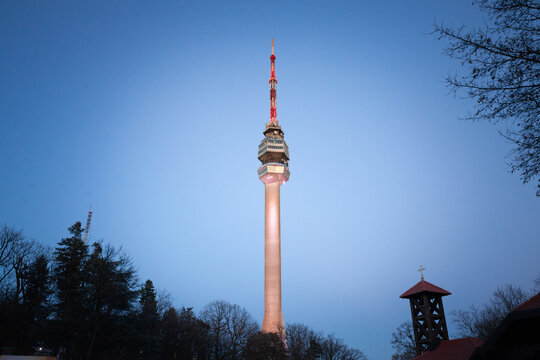 Avala tower, or Avala toranj, seen from below. It is a TV tower and broadcasting antenna in the suburbs of Belgrade, Serbia.