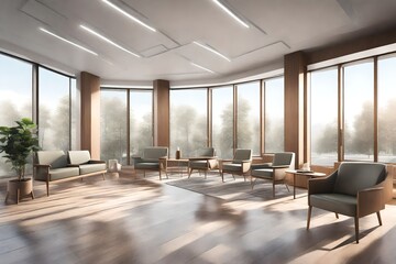 image of a contemporary waiting room interior featuring a spacious design and a prominent panoramic window