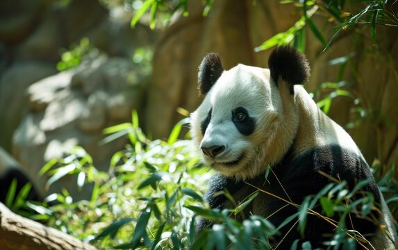 Panda gentle demeanor interacting with fellow pandas