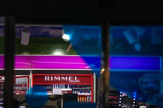 Picture of a sign with the logo of Rimmel on their main store for Belgrade, Serbia. Rimmel is a British multinational cosmetics brand, now owned by parent company Coty. The House of Rimmel was founded