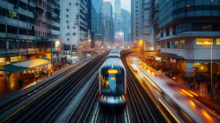 Fototapeta na wymiar A commuter train traveling through a bustling urban environment during rush hour.