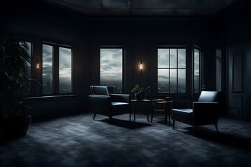 an AI prompt for an image of a dimly lit waiting room interior featuring two armchairs and a panoramic window with a dark ambiance - obrazy, fototapety, plakaty