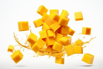 flying juicy mango cubes on a white background. pieces of ripe tropical fruit and a splash of liquid.