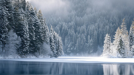 A coniferous forest in winter with snow-capped conifer trees and a frozen lake in the background.