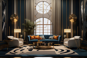 An Art Deco living room with bold graphic patterns - obrazy, fototapety, plakaty