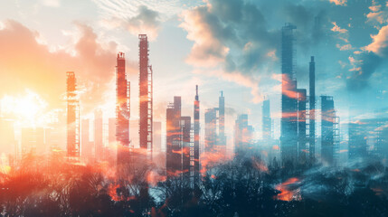 Factory plant and oil industry concept, double exposure business concept.