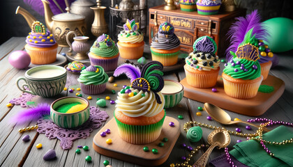 Fototapeta na wymiar Mardi Gras Dessert Elegance: Cupcakes with a Twist of CreativityMardi Gras Dessert Elegance: Cupcakes with a Twist of Creativity