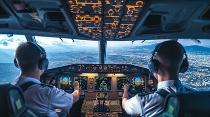 Fototapeta premium Two professional aviators sitting in cockpit during flight
