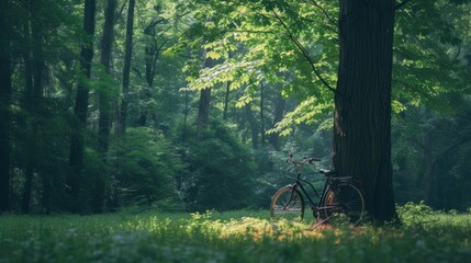 Forest Retreat: Vintage Bicycle Resting Against a Tree in Lush Woodland