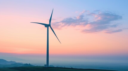 Dawn of Renewables: Lone Wind Turbine Against a Colorful Morning Sky