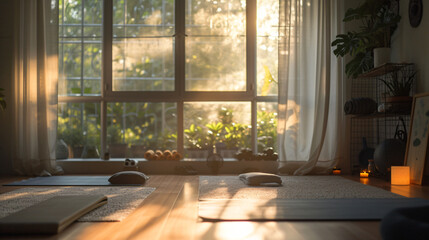 A cozy home fitness corner with yoga mats and minimal equipment.