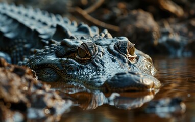 Obraz premium Close up shot of a crocodile lurking in the murky waters
