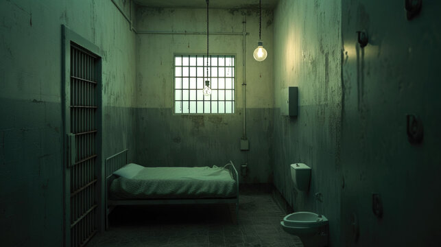 Gloomy Prison Cell with a Single Bed and Window
