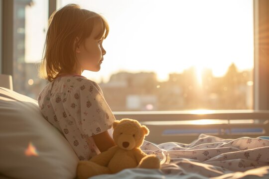 Serene Morning: Child with Teddy Bear Looking Out Hospital Window
