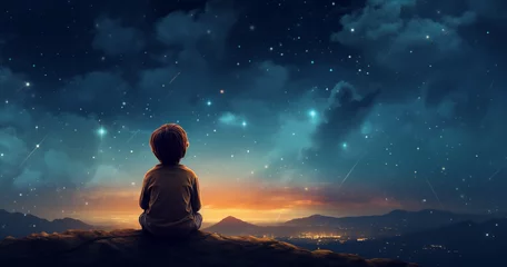 Fotobehang Illustragion of beautiful scenery showing the young boy girl among glowing planets and star in the night sky, dreaming or hope concept © tonstock