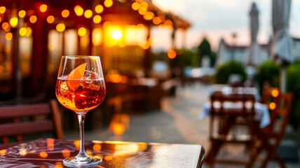 Aperol Spritz cocktail on summer restaurant patio, sunset