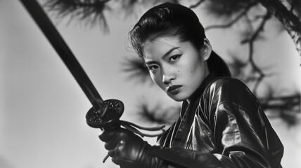 Glamorous 1940's movie still style image of young asian female warrior holding a katana. Wearing custom leather armor. Intense and determined.