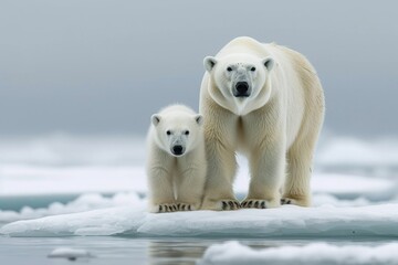 Majestic Polar Bear and Cub Standing on Melting Ice in the Arctic