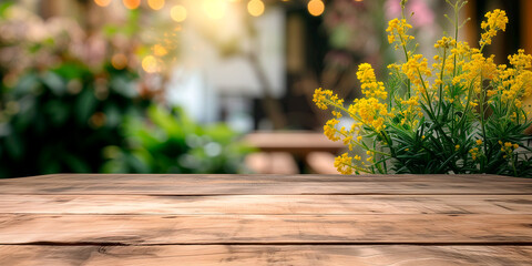 Empty wooden table in front spring mimosa flowers blurred background banner  for product display in a coffee shop, local market or bar - obrazy, fototapety, plakaty