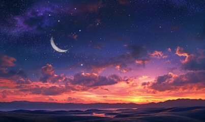Fototapeta premium Young moon in the night sky. Sky, night stars and moon, Islamic night sunset.