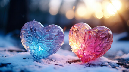 Two glowing hearts made of fused glass or intricate crystals on snow, Valentine's day concept