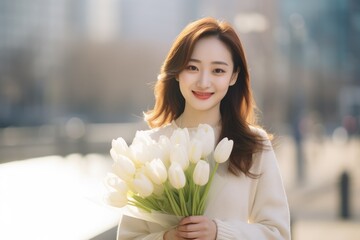 Portrait of asian woman embracing bouquet with tulips, looking and smiling at camera, blurred skyscraper city background, sunset rays, playful femininity, glamorous spring elegance space for text