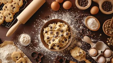 Fototapeta na wymiar A culinary flat lay of a baking scene featuring a bowl of cookie dough a rolling pin cookie cutters a tray of uncooked cookies and ingredients like flour eggs and chocolate chips scattered around.